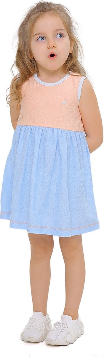 RobyKris Meisjes Badstof jurk - Katoen - Blauw/perzik - Maat 116-122