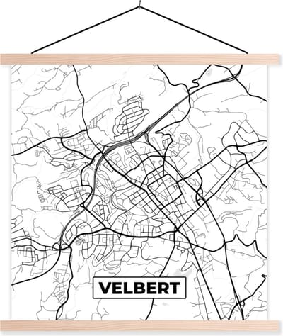 Posterhanger incl. Poster 40x40 cm - Schoolplaat - Velbert - Kaart - Plattegrond - Stadskaart - Textielposter - Blanke latten - Stadskaart