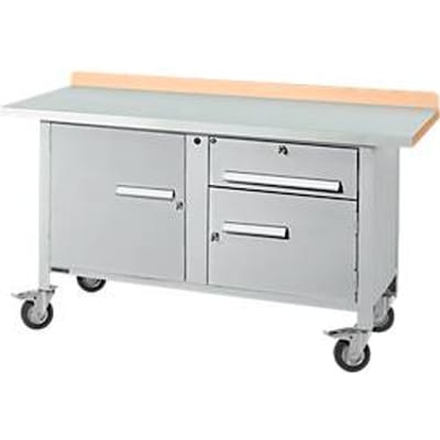 Verrijdbare werkbank Schäfer Shop Select PWi 150-3, beuken decor multiplex blad, met stalen afdekking, tot 400 kg, B 1500 x D 700 x H 840 mm