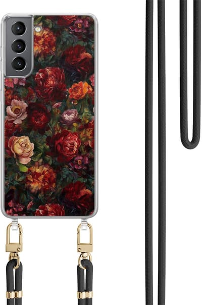 Casimoda® hoesje met zwart koord - Geschikt voor Samsung S21 Plus - Floral Garden - Afneembaar koord - TPU/polycarbonaat - Rood