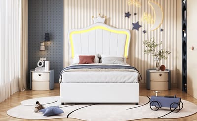 Gestoffeerd kinderbed 90 x 200 cm - Met kroonontwerp - Met ledverlichting - Hydraulisch opbergbed - In hoogte verstelbaar hoofdeinde - Eenpersoonshoogslaper met lattenbodem - Kunstleer - Wit
