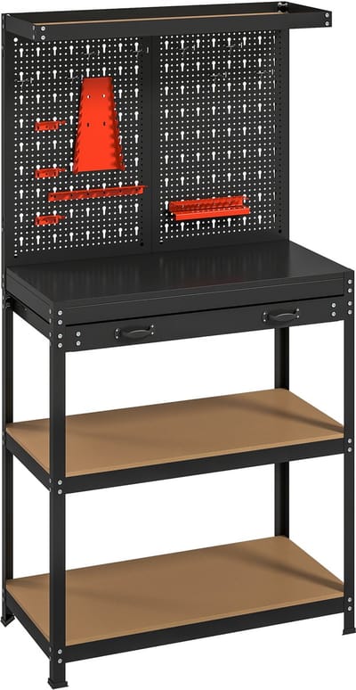 Killogood Werkbank - 80 x 40,5 x 155 cm - met gereedschapsbord - haken - lades en 2 planken - geschikt voor werkplaatsgebruik - zwart.