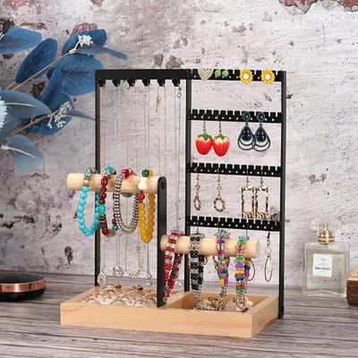 Sieradenhouder - Juweliersstandaard Organizer - Sieraden Opbergen - Houten Basis Metalen Haken - 22.5 x 28 cm - Natuurlijk Hout Metaal