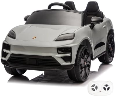 Porsche Macan Turbo Full Option Elektrische Kinderauto 1 tot 6 jaar – Officieel Gelicentieerd Accuvoertuig met EVA wielen, Schokdempers & Bluetooth – 12V Kinderauto met Afstandsbediening, Werkende Deuren & Soft-Start – Nardo Grijs