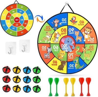 Dartbord voor kinderen 66 cm cartoon opvouwbaar - dubbelzijdig dartbord - 12 zelfklevende ballen - 6 sticky darts - 2 zelfklevende haken - kinderfeesten - werpspel Dartbord