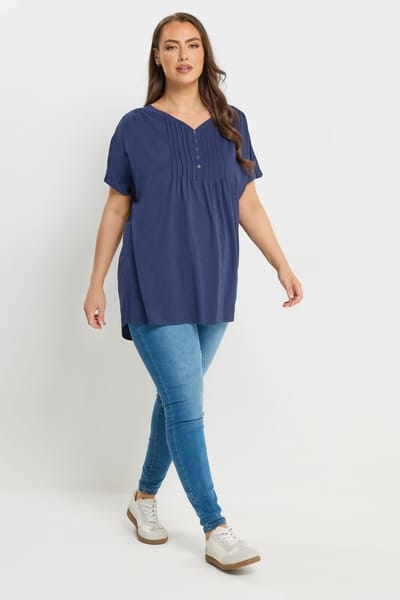 Yours Blauwe Henleytop Met Fijne Plooien En Korte Mouwen Size 42