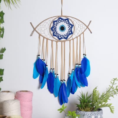 Decoratie Ambachten Dromenvanger Windgong Handgemaakte dromenvanger met veren Muurbehang blue