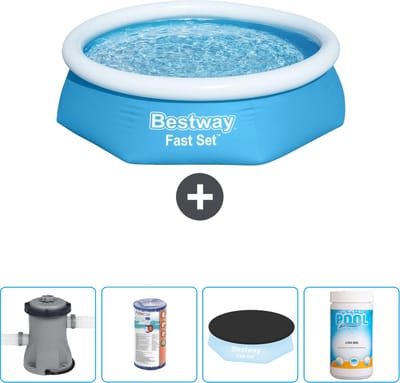 Bestway Rond Opblaasbaar Fast Set Zwembad - 244 x 61 cm - Blauw - Inclusief Pomp Filter - Afdekzeil - Chloor