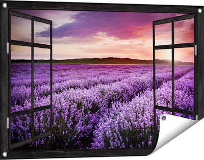 Gards Tuinposter Doorkijk Bloemenveld met Paarse Lavendel - Bloemen - 90x60 cm - Tuindoek - Tuindecoratie - Wanddecoratie buiten - Tuinschilderij