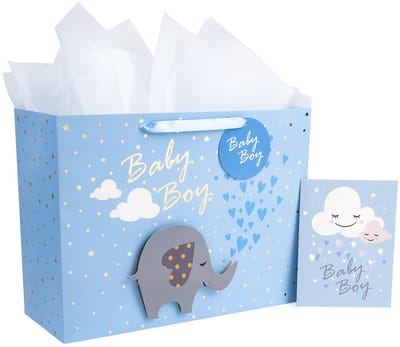 Dailygoods- Geschenktas Extra Groot - Baby Boy Design - Cadeaukaart - Wit Vloeipapier - 40,7 x 30,5 x 15,3 cm - Handig voor Babyshower - Cadeauzak