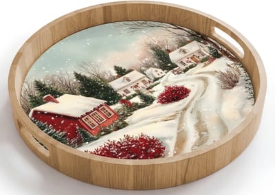 Dienblad rond 40x40 cm - Schootdienblad hout - Kerstsfeer - Landelijk - Rood - Borrelplank rechthoek - Plateau houten dienbladen