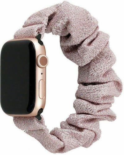 Strap-it Scrunchie band - Geschikt voor Apple Watch bandje - Series 1/2/3/4/5/6/7/8/9/10/11/SE/SE2/SE3 - Shiny Pink - Elastisch haarelastiek bandje van nylon - iWatch bandje voor maat: 38 / 40 / 41 / 42mm