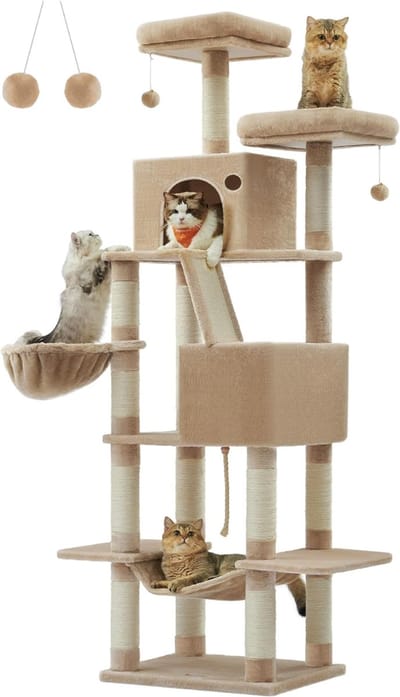 SNJY® Krabpaal Voor Grote Katten - Krabton - Kattenboom - Kattenhuis - Kattenmand - 50L x 60B x 206H cm - Lichtbruin