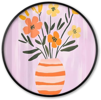Poster in lijst Rond - Fotolijst 60x60 cm - Posters - Vaas - Gestreept - Bloemen - Oranje - Ronde posterlijst zwart - Decoratie - Wanddecoratie woonkamer - Muurdecoratie slaapkamer