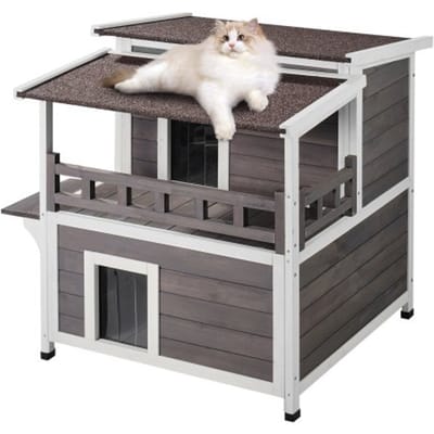 VEVOR Buitenkattenhuis, weerbestendig schuilhok voor wilde katten voor meerdere katten, groot houten buitenkattenhuis met twee verdiepingen, balkon, deuren, PVC-deurkleppen en open dak, 76 cm L x 76 cm B x 81 cm H