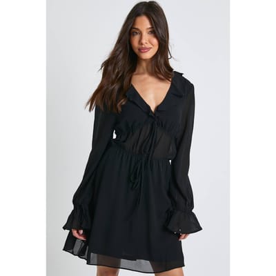 boohoo Dames Mini-jurk met lange mouwen, geruched met franje-detail | Black | Maat: XS