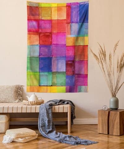 ABAKUHAUS Abstract Wandtapijt, Regenboogkleurige Vierkanten, Woonkamer Slaapkamer Wanddoek Zijdezacht Satijn Wandtapijt, 150 x 200 cm, Meerkleurig