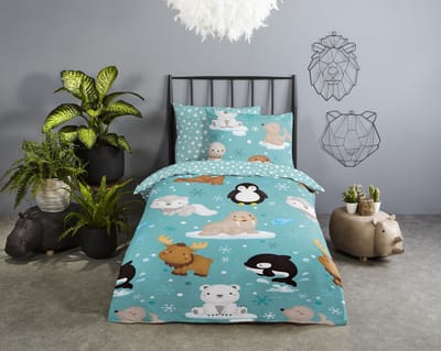 Good Morning Kinderdekbedovertrek "winterse dieren" - Aqua - (140x200/220 cm) - Katoen Flanel