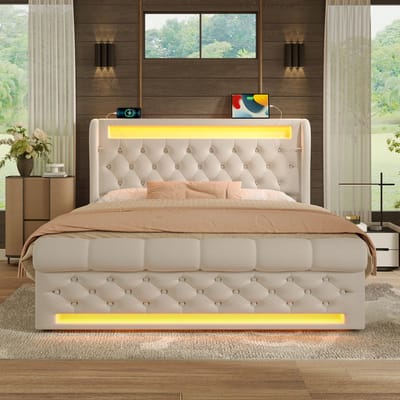 Gestoffeerd bed - tweepersoonsbed 140x200 cm met LED-verlichting met USB- en Type-C-poorten met opbergruimte - beige - zonder matras