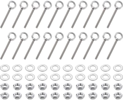 Schroefdraadogen, set van 20 stuks, M10 x 100 mm, 304 roestvrij stalen oogbouten met moeren en sluitringen, marinekwaliteit, machineschouterlifting, ringoogbouten (zilver)