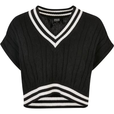 Urban Classics - Cropped Knit College Slipover Crop Sweater/Trui - L - Zwart