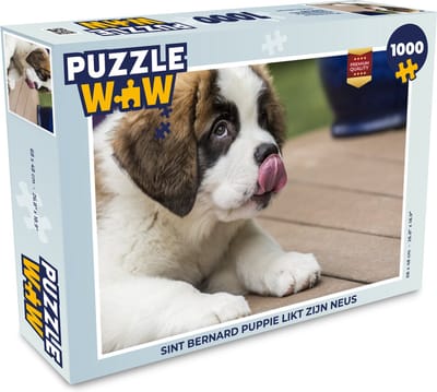 Puzzel Sint Bernard puppie likt zijn neus - Legpuzzel - Puzzel 1000 stukjes volwassenen