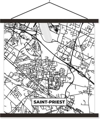 Posterhanger incl. Poster 60x60 cm - Schoolplaat - Stadskaart - Saint-Priest - Plattegrond - Kaart - Frankrijk - Zwart wit - Textielposter - Zwarte latten - Stadskaart