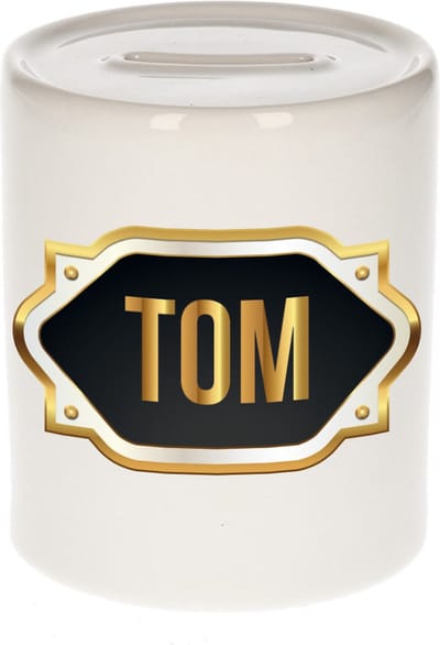 Spaarpot met voornaam Tom - wit - met goud/zwart embleem - 8 x 9 cm - keramiek - met afsluitdop - cadeau verjaardag