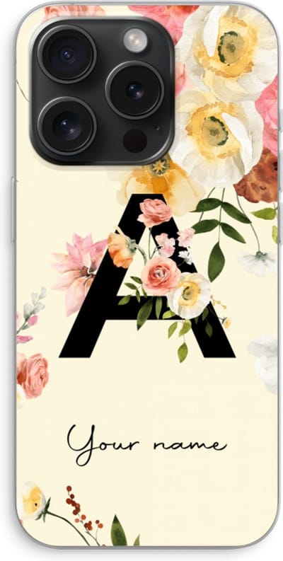 Gepersonaliseerd - Case Company® - Hoesje geschikt voor iPhone 15 Pro hoesje - Flirty Flowers Monogram - Soft Cover Telefoonhoesje - Bescherming aan alle Kanten en Schermrand