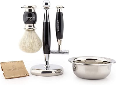 Luxe scheerset voor heren Dubbelzijdig veiligheidsscheermes met lederen etui, scheerkwast, standaard en kom Perfecte cadeauset (cadeauscheerset)