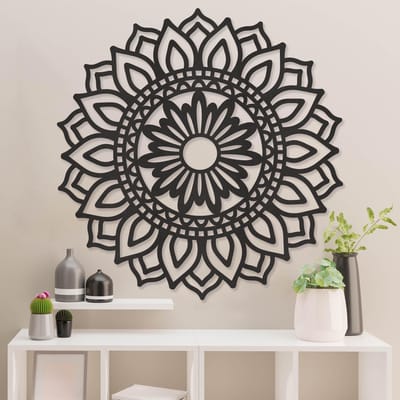 Wanddecoratie - Mandala Zonnebloem - Hout - Wall Art - Muurdecoratie - Woonkamer - Zwart - 59 x 59 cm