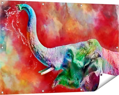 Gards Tuinposter Getekende Vrolijke Olifant - Abstract - 120x80 cm - Tuindoek - Tuindecoratie - Wanddecoratie buiten - Tuinschilderij