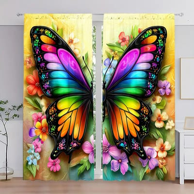 2 pièces Rideau imprimé papillon coloré aux couleurs éblouissantes pour la décoration intérieure - Traitement de fenêtre à poche passe-tringle pour chambre à coucher, bureau 52.5cmX116cm X 2pcs black