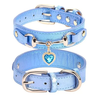 Leren Hondenhalsband Blauw | Luxe Hondenhalsband met diamant | Luxe halsband Maat XS | Halsband Bella Azure | Blauw | Petshop Seven®