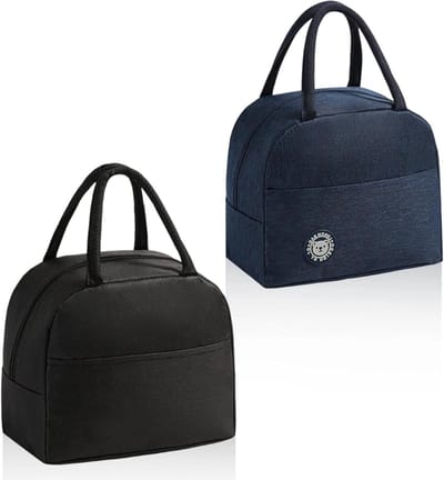 Set van 2 kleine koeltassen in zwart en marineblauw met zijzakken, ideaal voor school, werk en picknicks, met handige zijhandvatten