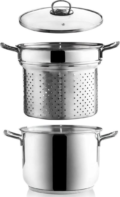 Pastapan Edelstaal met Glazen Deksel ANETT 6 l 3 delig - Pan voor Pasta en Asperge - Pastakoker - Aspergepan