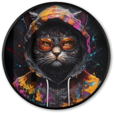 Poster in lijst Rond - Fotolijst 60x60 cm - Posters - Kat - Jas - Graffiti - Bril - Zwart - Ronde posterlijst zwart - Decoratie - Wanddecoratie woonkamer - Muurdecoratie slaapkamer
