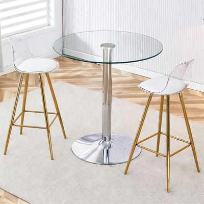 Flexibele barset: Ronde glazen tafel met een diameter van 89 cm + 2 barkrukken met goudkleurige poten. • Transparante look • Veelzijdig in gebruik • Creëert een ruimtelijk effect en bespaart ruimte.