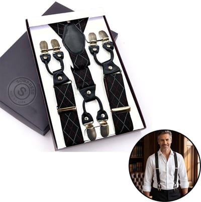 Sorprese - Luxe Chique Bretels - Midnight Check - Zwart Leer - 6 Stevige Clips - Bretels Heren Volwassenen - Inclusief Cadeaudoos