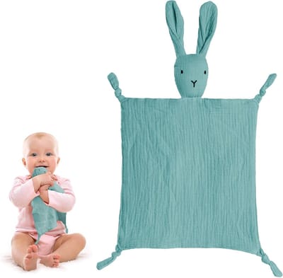 Cuddly dekentje met konijnenhoofd, dubbelzijdig tulle van 100% biologisch katoen, perfect als kraamcadeau voor jongens en meisjes - blauw en zacht