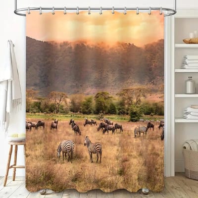 Afrikaanse Savanne Landschap Douchegordijn, Zebra En Gnoe Kudde Natuurtafereel Waterdichte Liner, Uniek Huisdecoratie Kunstwerk W165H180(CM)-1 Pcs