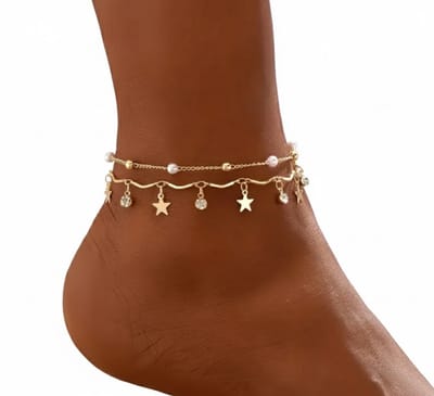 Goudkleurige enkelbandjes set voor dames met sterren en parel bedels – 2-delige schakel enkelketting set – elegante zomerse sieraden
