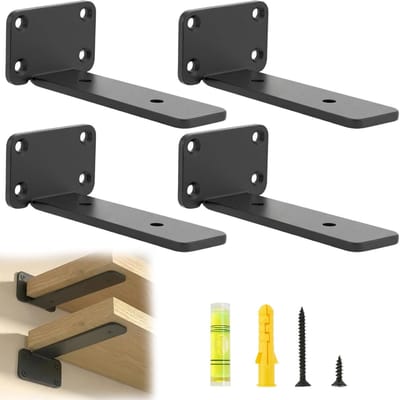 Set van 4 rechte hoek wandplanken steunen, 10 cm, 70 kg draagvermogen, zwart, ideaal voor wanddecoratie en opslag
