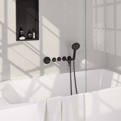 Brauer Black Carving thermostatische inbouw badkraan SET 02 met uitloop en 3-standen handdouche en doucheslang en wandaansluitbocht mat zwart