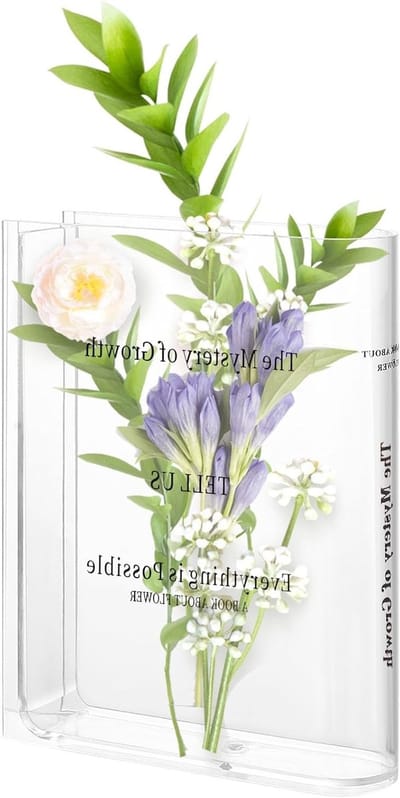 Decoratieve vazen, boekenvaas, bloemenvazen, tulpen, boekvaas, transparante acryl bloemenvaas voor thuis, kantoor, slaapkamer, woonkamer, bureau, boekenkast, decoratie