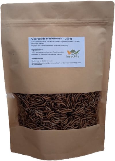 Meelwormen 200 g Gedroogd - 100% Natuurlijk - Kippenvoer & Vogelvoer - Tuinvogels - Hersluitbare Zak - Insectify