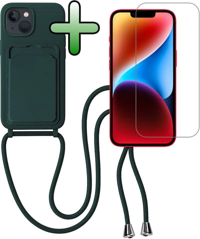 Hoes Geschikt voor iPhone 13 Hoesje Pas Houder Case Hoes Met Koord Met Screenprotector - Hoesje Geschikt voor iPhone 13 Hoes Met Telefoonkoord Pasjeshouder Cover - Donkergroen
