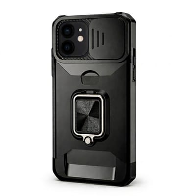Zwart telefoon hoesje geschikt voor iPhone 11 – robuuste backcover case dames en heren – schokbestendig ontwerp met metalen standaard en kaarthouder