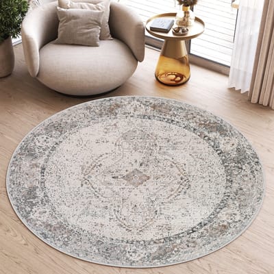 Tapiso Valley Rond Vloerkleed Beige Lichtgrijs Laagpolig Frame Tapijt Maat- 100x100