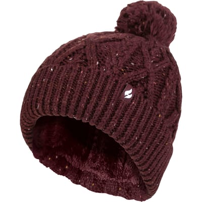 Dames Pom Pom Muts | Heat Holders | Mode Chunky Warme Kabelbrei Beanie met Heatweaver Fleece Voering | Salzburg Stijl - Wijn